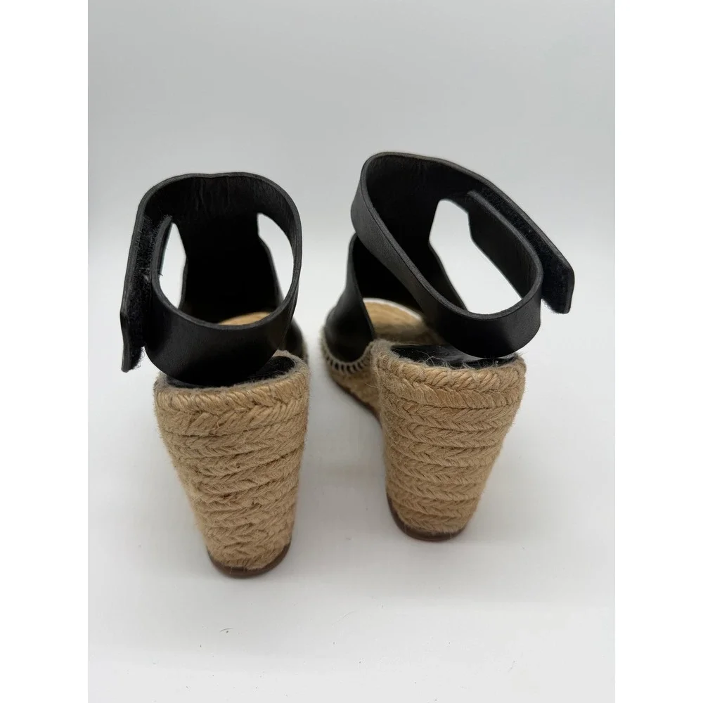Celine Espadrille Wedge Sandals Womens 8 Black Leather Jute Platform Heel